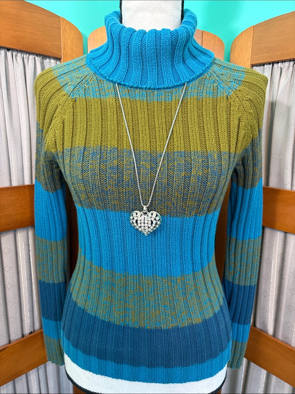 Cozy Striped Cowl Neck Sweater in Teal and Olive